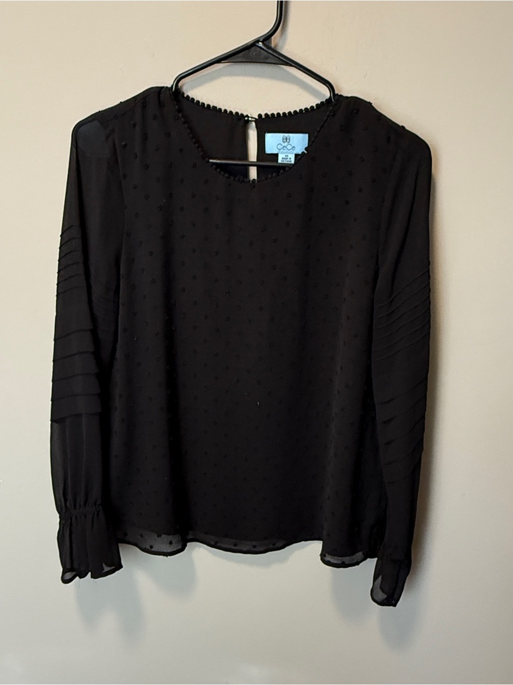 CeCe Black Swiss Dot Long-Sleeve Blouse - XS